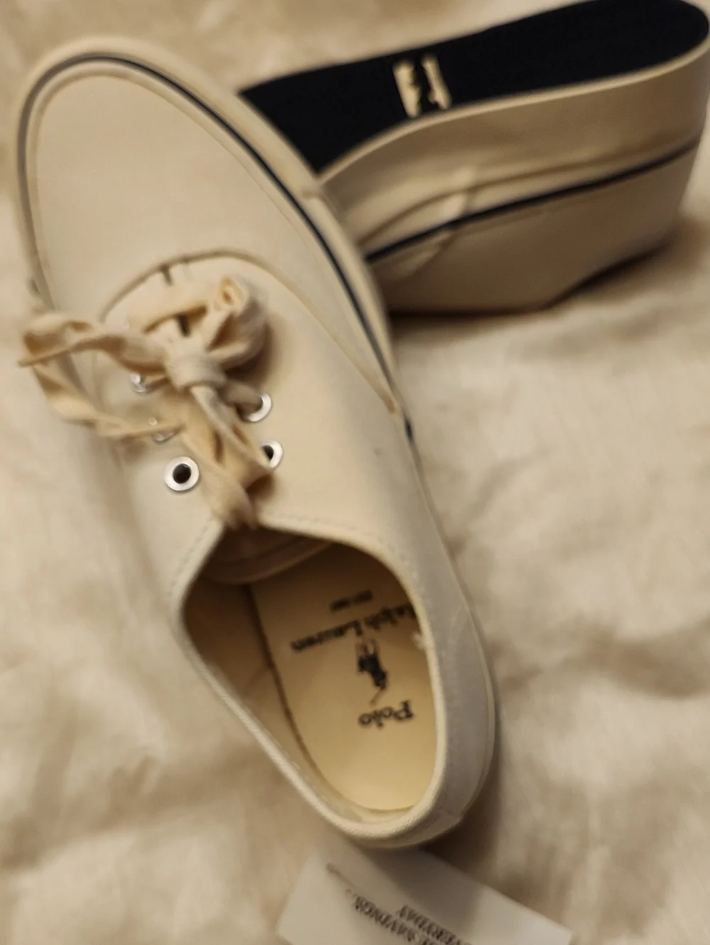 Polo Ralph Lauren Vtg New Cream Canvas Preppy Sneakers Navy Accents, 8B, $30